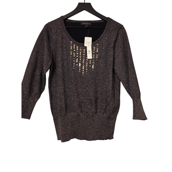 august silk Sweaters - NWT August Silk Embellished Sparkle‎ Metallic Knit Sweater Top XL Gunmetal
